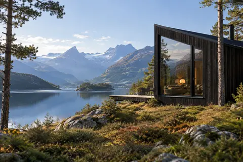 Hytte ved et fjellvann, illustrasjon